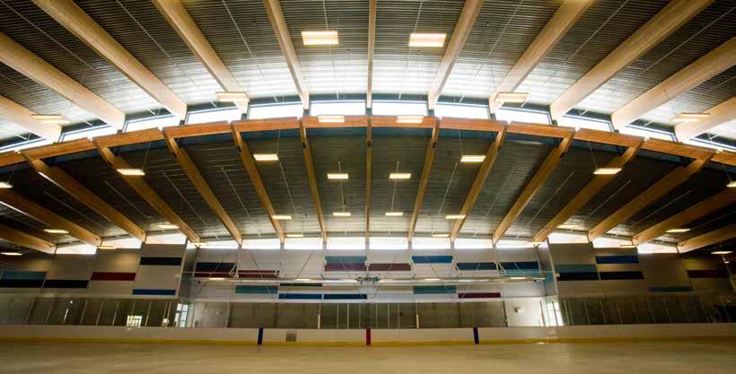 The arena, located in John Hendry Park, features Douglas-fir glulam beams and columns, and the ceiling of the Skaters Lounge and other architectural woodwork detail was made with wood from trees