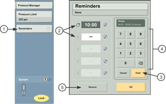 Protocol Management 8.2 Save a Protocol Figure 8-3: Enter Reminders b. Select an empty reminder slot (2) to enter additional reminders, or select an existing reminder (2) to modify the parameter. c.