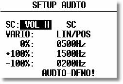 20 SETUP AUDIO A wide variety of audio tones can be configured: SC: VOL H audio volume will be increased by speed command (H) or decrease by ( L) VARIO: Several types of audio can be selected (use