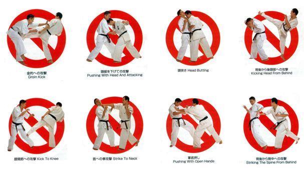 BANNED ACTIONS AND TECHNIQUES DURING SEMI-CONTACT KUMITE Straight attacks to the face with feet, shins, knees, or heals Attacks with hand or elbow techniques, to the head, neck or face.