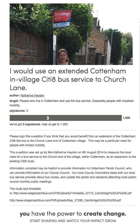 Item 14H/007 Resolution for a bus needs petition and standard response in order to monitor local bus needs and to supply information to Stagecoach and the County Council - Cllr Heydon. (5 mins).