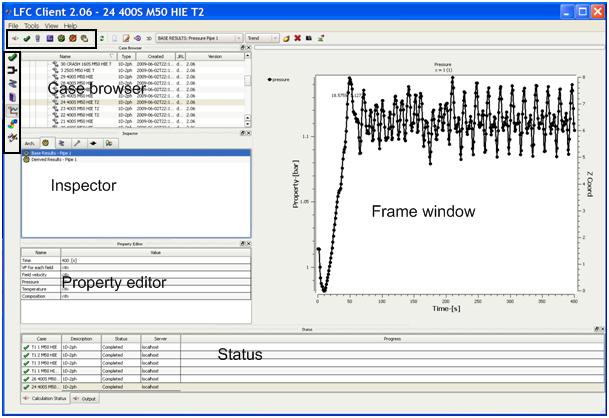 Figure 4.4: Graphical user interface, GUI, of LedaFlow version 2.06 The GUI uses 5 windows, the case browser, inspector, property editor, status and the frame window. In version 2.