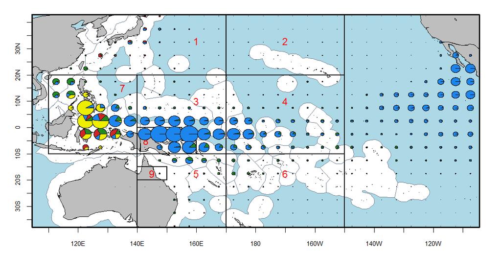 Figure 3. Geographic distribution of catches of yellowfin tuna, 1990-2010 by 5-degree squares and fishing method: green=longline, blue=purse seine, red=pole-and-line, yellow=other.