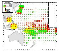 Figure 4. Distribution of tuna longline fisheries (left) and pole-and-line fisheries (right), green=albacore. Figure 5.