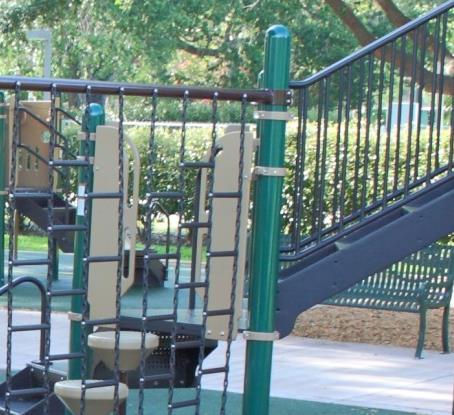 Fall Zones: To cushion a fall, the shock absorbing material should extend a minimum of 6 feet in all directions from stationary pieces of play equipment.