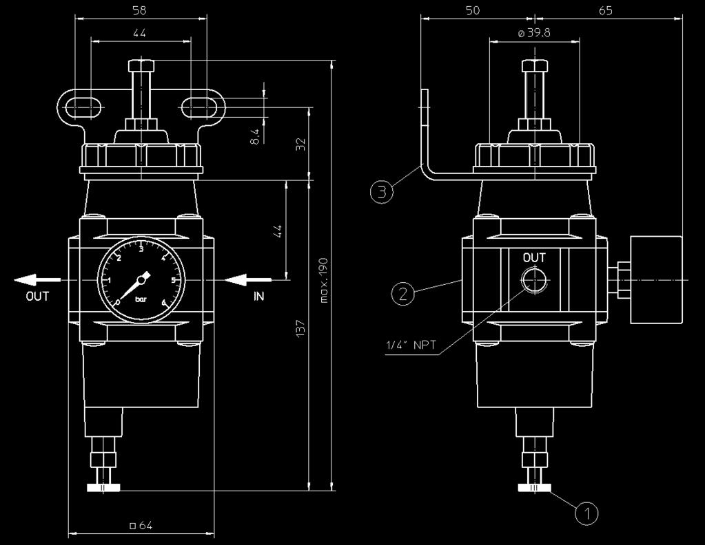 ARCA Regler GmbH 8 Dimensional drawing 8 Dimensional drawing Illustration 3: Dimensional drawing 1 Drain screw 2 Second manometer connection 3