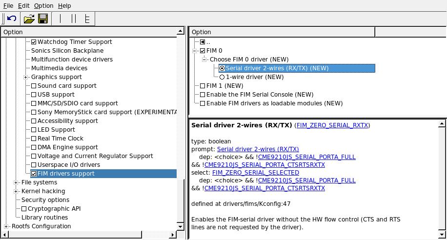 Select Linux Kernel Configuration, Device Drivers, FIM drivers support, FIM0,