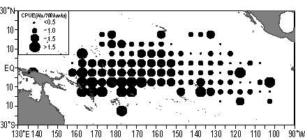 Fig. 6. Distribution of Korean tuna longline fishing area in the Pacific Ocean. 1.