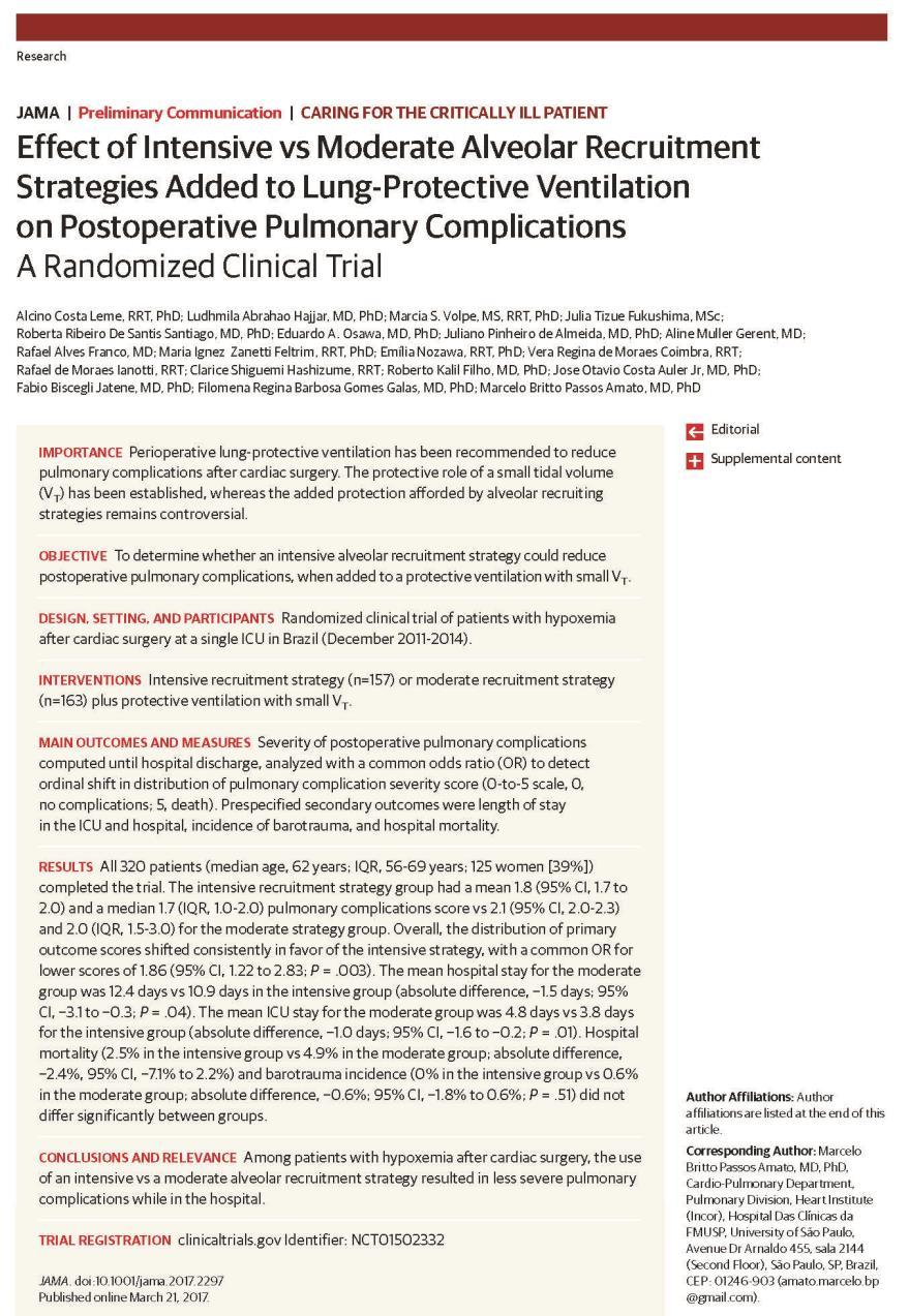 AC Leme and coauthors Effect of Intensive vs Moderate Alveolar Recruitment Strategies Added to Lung-Protective Ventilation on Postoperative Pulmonary