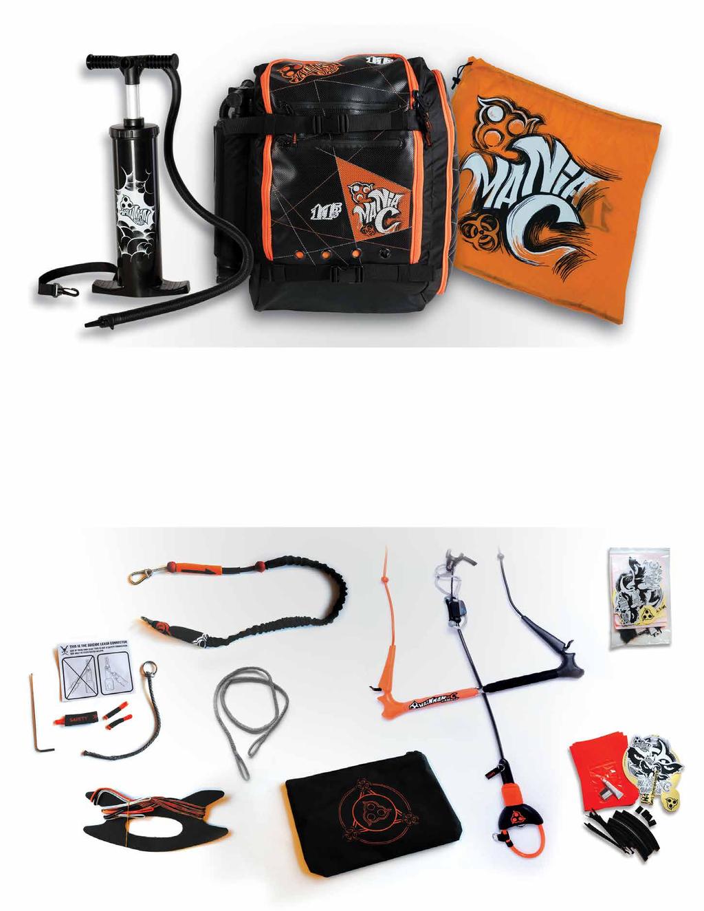 Inside the Package 2. 1. 3. 1. Kite (Inside the Bag) 2. Pump (Left Pouch) 3. Compression Bag 4. ManiaC Bar (Right Pouch) 5. Safety Leash 6. dditional Lines and Line winder/storage 7.