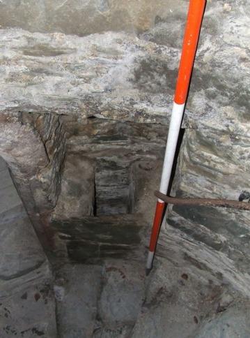 The 'murder hole' of Audley's Castle is situated above the door to the ground floor room, not near the main doorway; it is very small with a restricted opening.