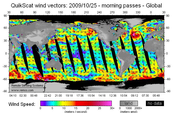 Data satellite SeaWinds version 3 swath data produced by Remote Sensing Systems Ku-001 geophysical