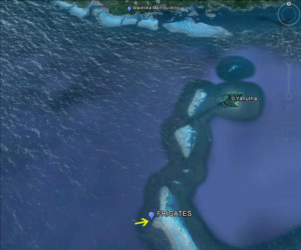 FRIGATES MAP Frigates (L) is shown below with the break direction and reef the distance to Frigates is approximately 14 miles and takes between 40 to 60 minutes dependant on boat and wind and weather