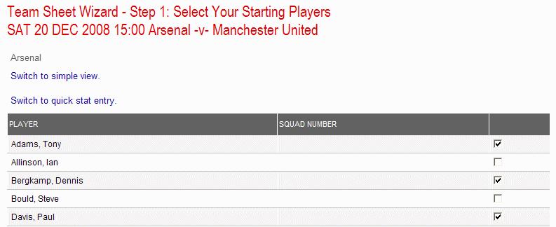 Step 7: On the Starter/Bench View page, Full-Time will list all players registered to play for the team selected on the date of the fixture. Tick the boxes for the players who started the game.