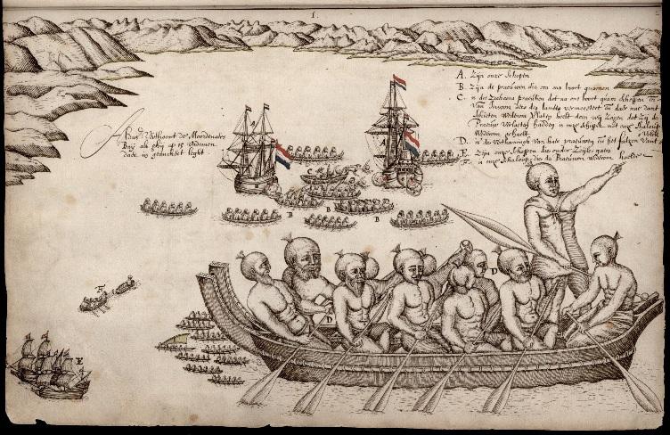 The following morning the Zeehaen s cockboat returning from a conference on the Heemskerck was rammed by a waka - seven crewmen were thrown overboard three swam to safety, three were clubbed with