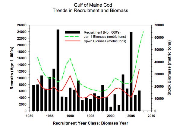 Figure 6. Recruitment (age 1) and biomass trends of cod in the Gulf of Maine (NEFSC 2008).