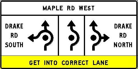 At multilane roundabouts, motorists must make the mental connection between the diagram sign and the subsequent lane use regulatory sign and decide which lane will bring them to their intended