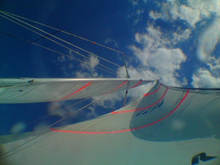 aerodynamic forces, the apparent wind angle, and the pitching motion of the boat in upwind sailing.