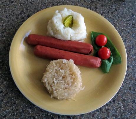 There will be several munchies for snacking before and after dinner. The main meal will consist of two German Sausages, Edelgard s scrumptious Sauerkraut and German Potato Salad or Mashed Potatoes.