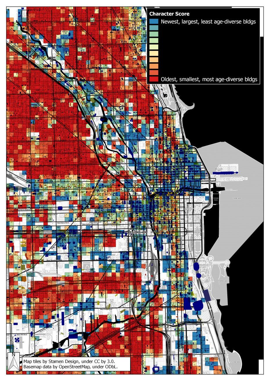 Analyzing the Built Fabric of Chicago The Character Score shows areas with older, smaller buildings and greater