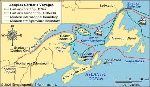 Explored PEI, New Brunswick and encountered Iroquois in Gaspe 1535 Cartier second voyage to present day Quebec