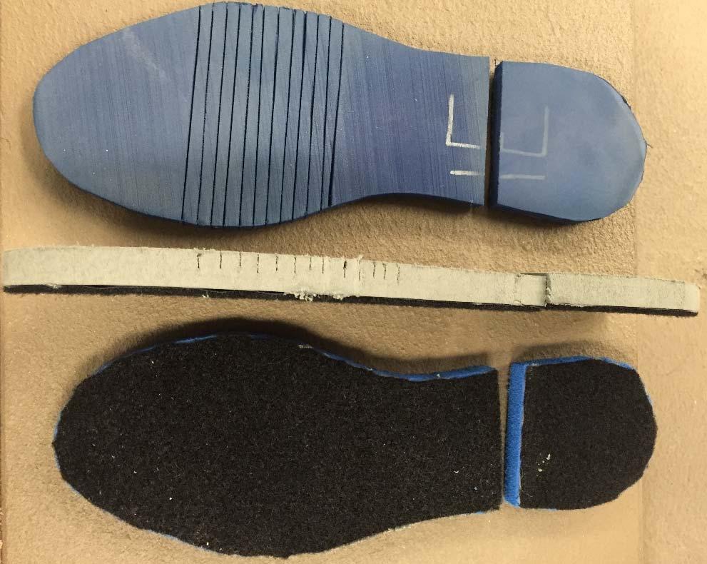 Figure 11: Sole cushioning conditions showing color, thickness, heel forefoot separation, bending slits, and adhered loop (for hook and loop attachment).
