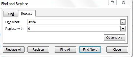 To replace #N/A with 0 Select columns C to F In the Home tab, select Find