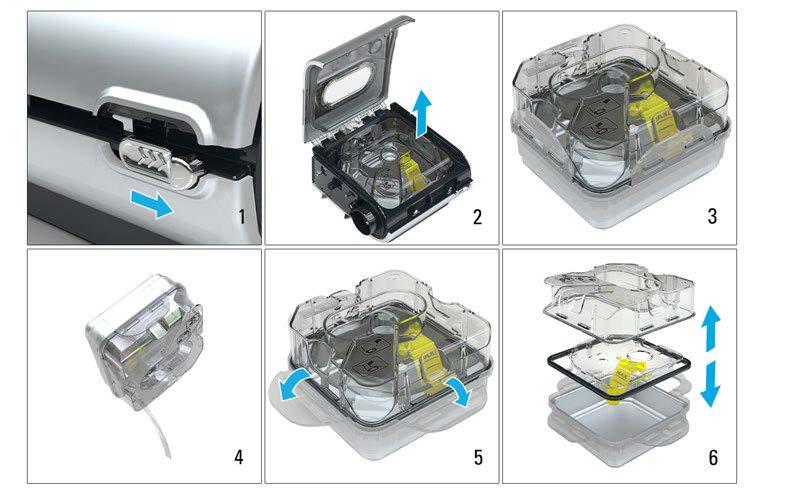 Cleaning and maintenance You should regularly clean and maintain the device as described in this section. Disassembling the H5i 1. Slide the latch. 2. Lift open the flip lid. 3. Remove the water tub.