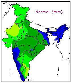 Indian monsoon precipitation The Indian monsoon season is defined as June-September [the plot shown is the seasonal accumulation of rainfall in mm] The highest climatological rainfall totals are