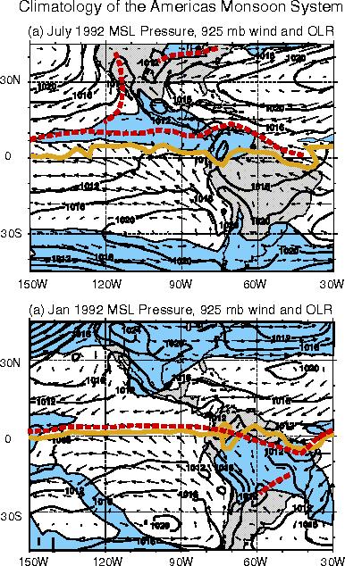 Figure 12. Surface pressure and 925 mbar horizontal wind for (a) July and (b) January 1992, for the Americas. The darker shaded regions denote convection (OLR<200 W m- 2).