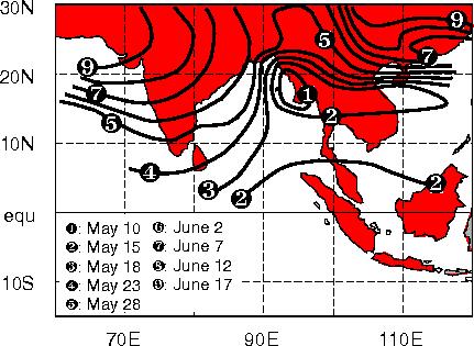 Figure 13a. Climatological times of the onset of the south Asian summer monsoon. Constructed using data from data in Ramage [1971], Das [1986], and Hastenrath [1994].