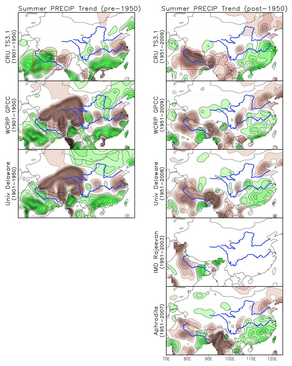 Trends of S. Asia and E. Asia summer rainfall Linear trend in summer rainfall in the post--1950 period is plotted at 0.5 mm/day/century interval in the 0.5 resolution CRU TS 3.