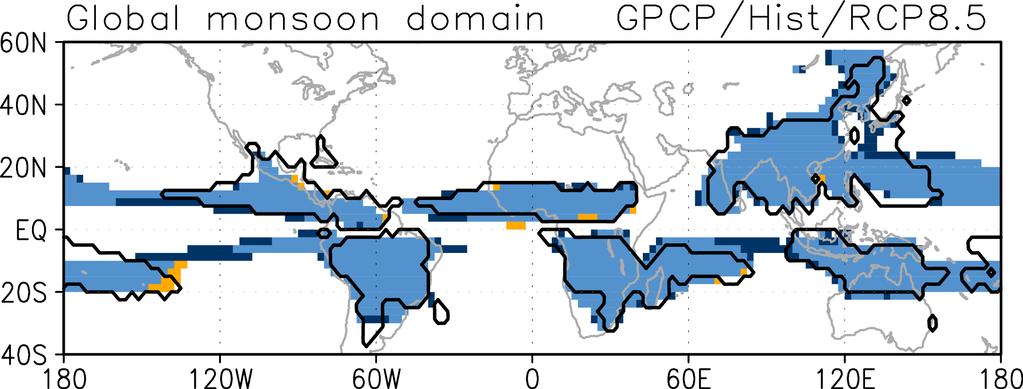 Global Monsoon: Area (GMA) Black Contour: GPCP Shading: MME of 29 CMIP5 models Yellow shading: only in present Dark blue: only in future The global monsoon area will expand mainly over the central to