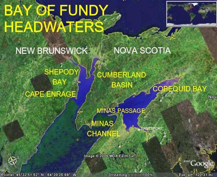 -4- Satellite Image Two Bay of Fundy Headwaters Legend to Satellite Image Two A view of the headwaters of the Bay of Fundy with the major tidal power sites included.