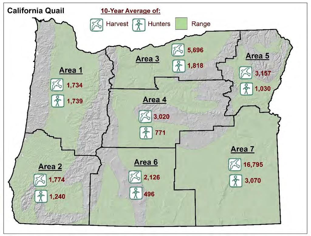 area 5 (3,157 quail), although a decent number are harvested in all areas making them a popular species to hunt (Figure 14).
