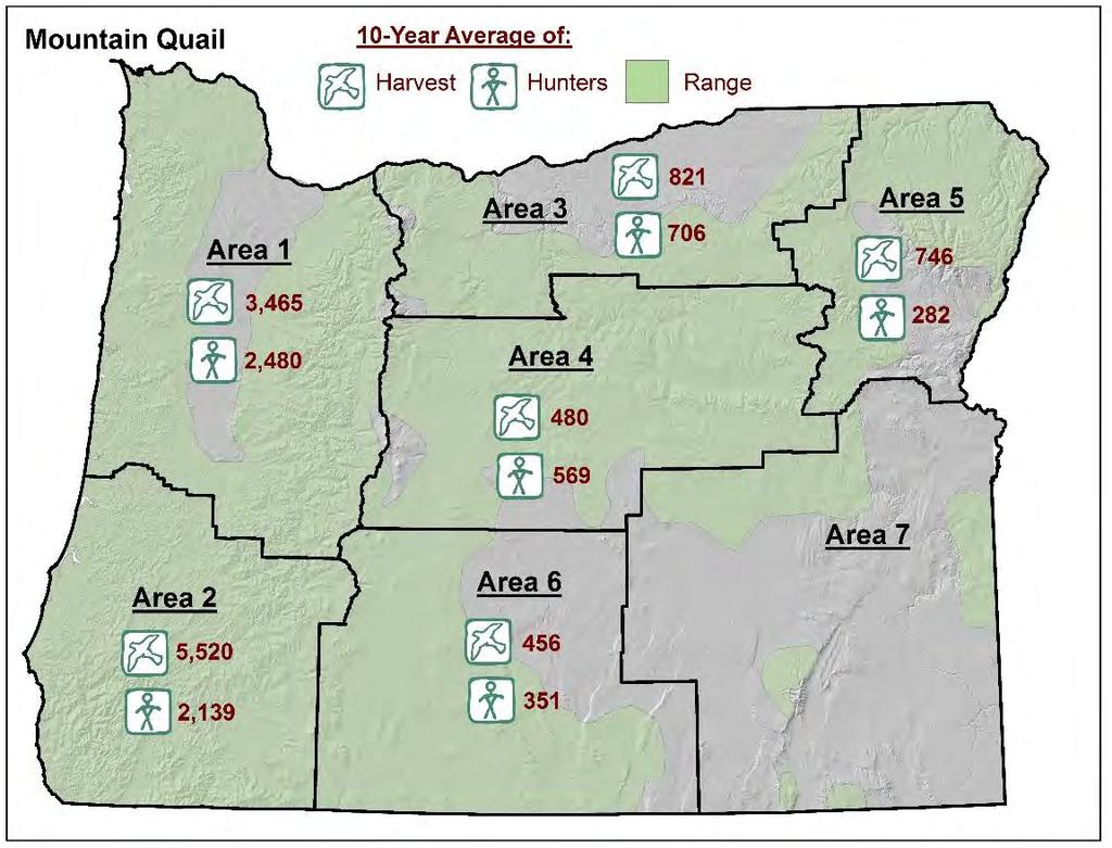 Figure 17: Average number of mountain quail harvested and number of hunters by upland game bird harvest area, 27-216.