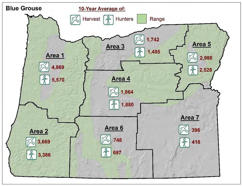 Figure 23: Average number of blue grouse harvested and number of hunters by upland game bird harvest area, 27-216.