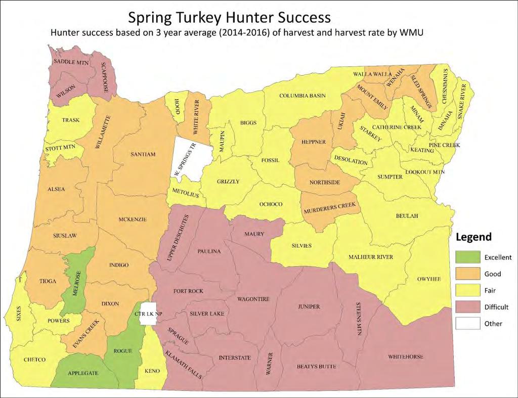 Figure 27: Spring turkey success by wildlife management unit (WMU). Oregon's spring turkey season is among the most liberal in the U.S. and Oregon's turkey population and range is continuing to expand.