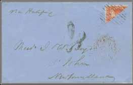red used on rare 1852 registered Money Letter franked by three examples for 9 d. rate; 6 d.
