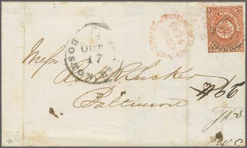 Johns-Newfoundland-Paid' cds (Jan 9) struck in black alongside. Reverse with 'New Perlican' arrival cds (Jan 15) in black. Pratt census #33. A fine and scarce cover. Cert.