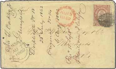 eye, cancelled by barred obliterator in black. 'St. Johns-Newfoundland-Paid' cds in red at left (June 29) and reverse with 'North Sydney / CB' datestamp of receipt (July 1).