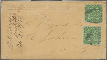 yellow-green, 2 single copies with clear to wide margins (one with tiny nick just touching the design) tied by oval grill to double-rate registered envelope with