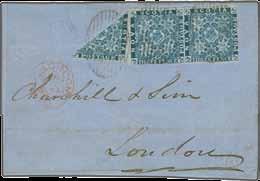 cover/entires (21) with 1 d. red-brown in a strip of three on 1855 entire (signed A. Diena), 3 d.