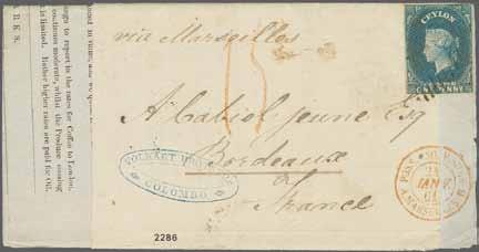 blue, slightly touched in 2 places, otherwise clear to good margins, tied by oval of bars to entire printed matter with wrapper from "COLOMBO POST-PAID DE 29 1860" to France, showing on front clear