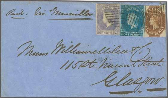 blue, slightly touched at top, otherwise good to wide margins, all tied by clear oval of bars to letter sheet, backstamped "COLOMBO POST-PAID MY 26 1860" to Glasgow with arrival