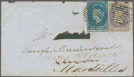 blue, tied by oval of bars to small envelope 1860 to Alexandria, Egypt, and re-directed "Poste restante Marseille"; the name in the address blackened and large
