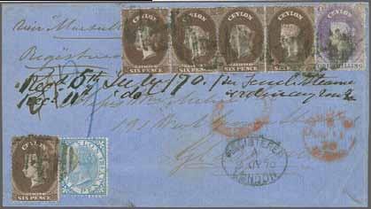 blue, all tied by "A" in bars to triple-rate registered letter sheet with adjacent red "COLOMBO PAID JU 11 70" via London to Glasgow with transit and arrival marks; recipient's notation on front
