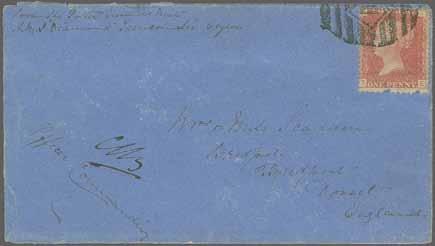 brown-violet, cancelled by oval in bars and back stamped "COLOMBO POST PAID MY 23 1859" used to Linlithgow in Scotland with arrival mark; a fine and very rare entire, only 5