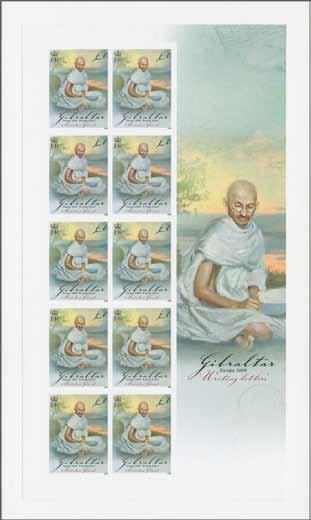 1277 proof 0/4 1'000 209. Mahatma Gandhi 1, imperforated proof-sheetlet of 10 stamps, at top mounted on card (all stamps unmounted mint), unique.