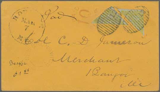 to Bangor, Maine with frontside transit marks "NEW BRUNSWICK" and "HOULTON ME. MAR 7" and adjacent red "PAID 10 CENTS". A very rare and most attractive cover, only 2 such frankings are known.